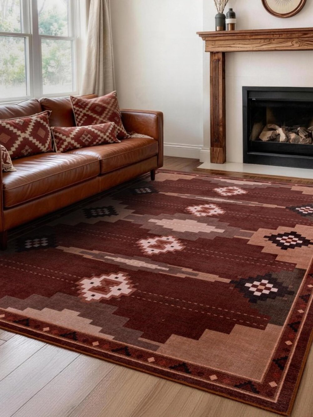 5’x7’ Washable Western Red Aztec Area Rug for Living Room
